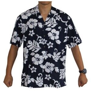 Mens Hawaiian Shirt 100% Cotton Navy White Hibisicus Sz M